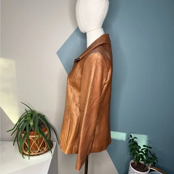Jones New York Cognac Leather Jacket M Fitted Y2K Zip Tailored Caramel Blazer - Picture 5 of 14